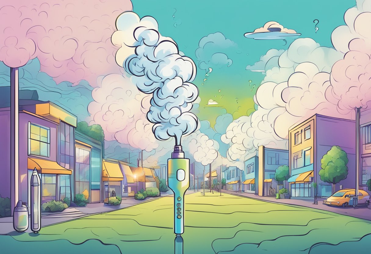A vape pen emitting THC-O vapor lingers in the air, surrounded by question marks and a FAQ sign