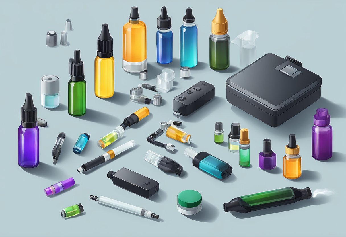 A table with multiple vaping devices and scattered empty e-liquid bottles, indicating excessive use